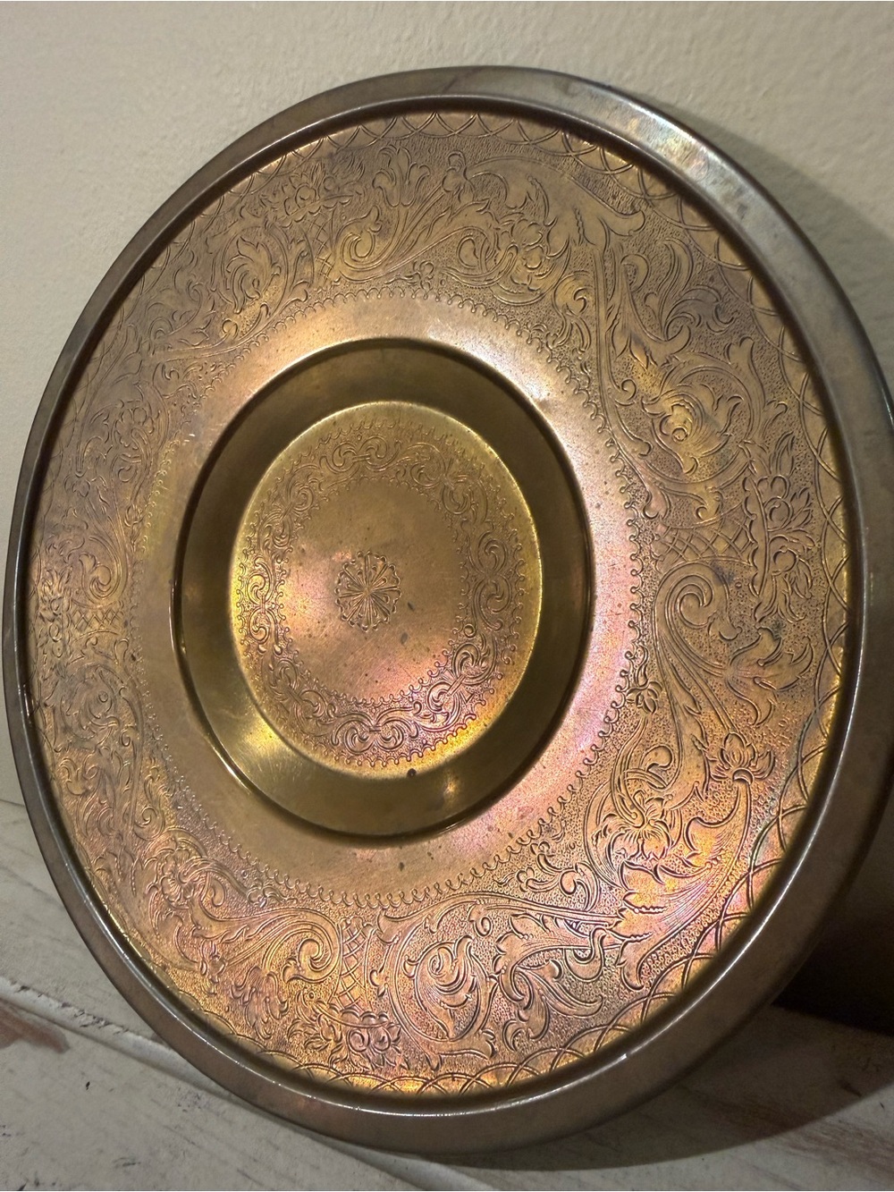 Vintage Etched Brass Plate Ornate Hand Engraved Scroll Charger Tray Boho